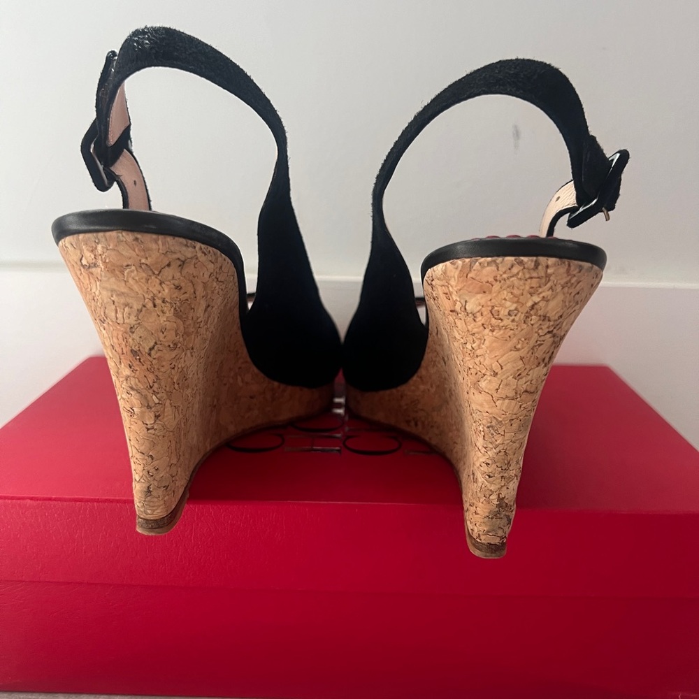 AUTHENTIC. Carolina Herrera BLACK SUEDE Wedge 100mm Ankle Strap Sling-back. - Picture 11 of 14